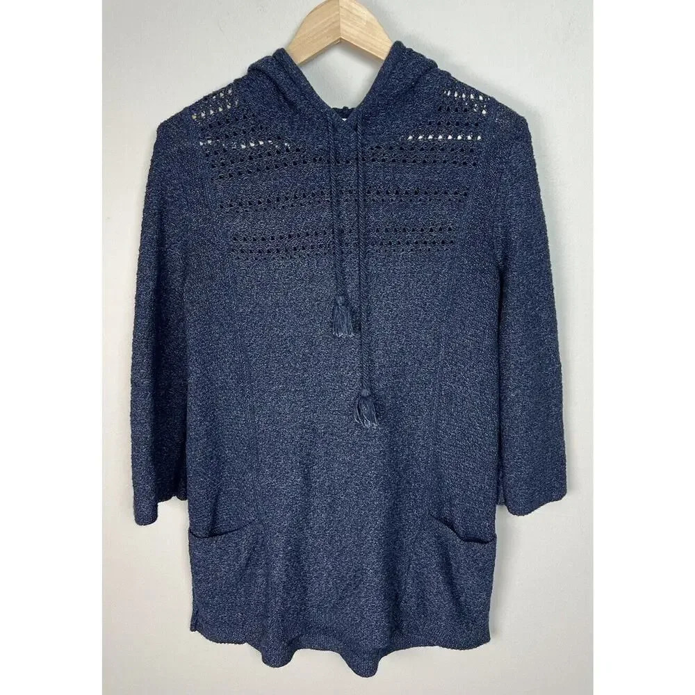 J. Jill Pure Navy Blue Knit Long Sleeve Hoodie With Tassels Size XS 114781 Women